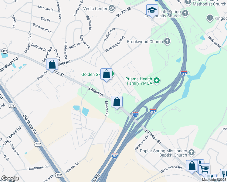 map of restaurants, bars, coffee shops, grocery stores, and more near 208 Clearwood Drive in Simpsonville