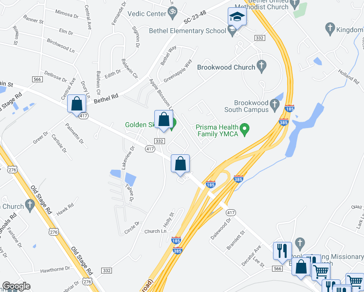 map of restaurants, bars, coffee shops, grocery stores, and more near 208 Clearwood Drive in Simpsonville