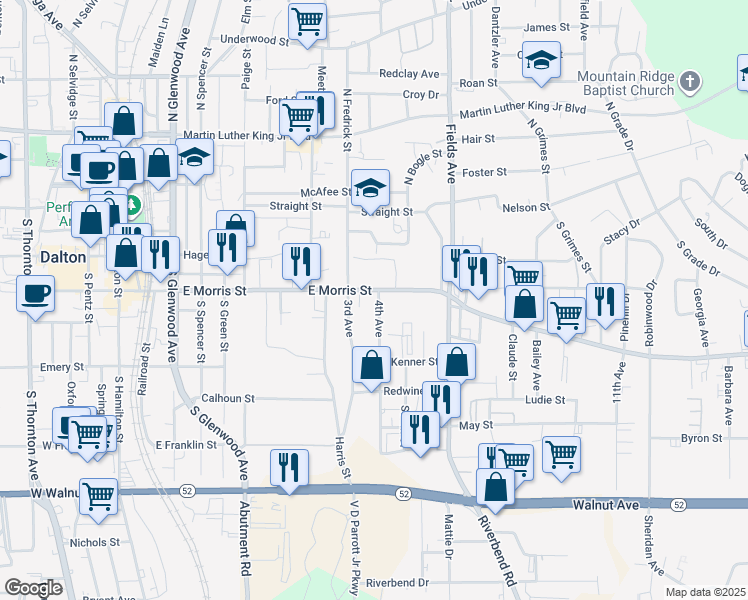 map of restaurants, bars, coffee shops, grocery stores, and more near 814 East Morris Street in Dalton