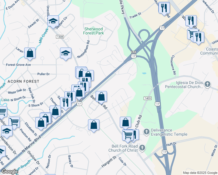 map of restaurants, bars, coffee shops, grocery stores, and more near 132A Miracle Drive in Jacksonville