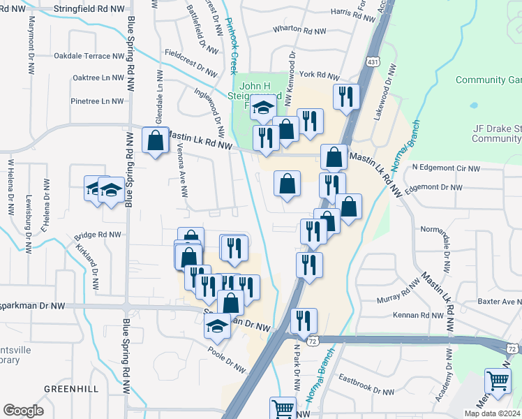 map of restaurants, bars, coffee shops, grocery stores, and more near 2214 Jonathan Drive Northwest in Huntsville