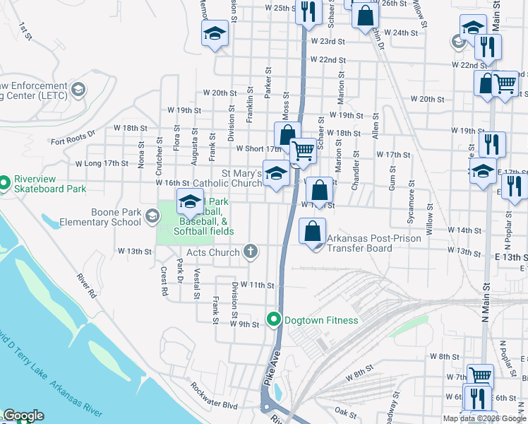 map of restaurants, bars, coffee shops, grocery stores, and more near 1418 Franklin Street in North Little Rock