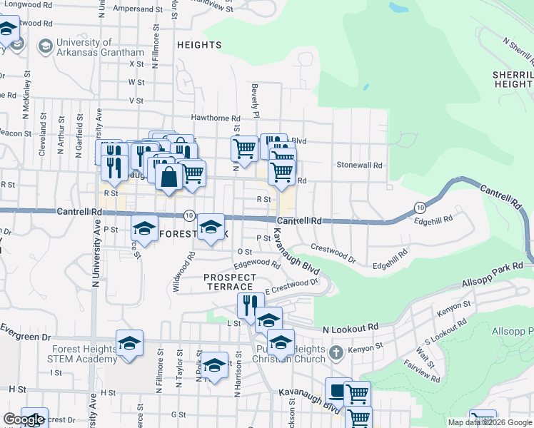 map of restaurants, bars, coffee shops, grocery stores, and more near 5124 Cantrell Road in Little Rock