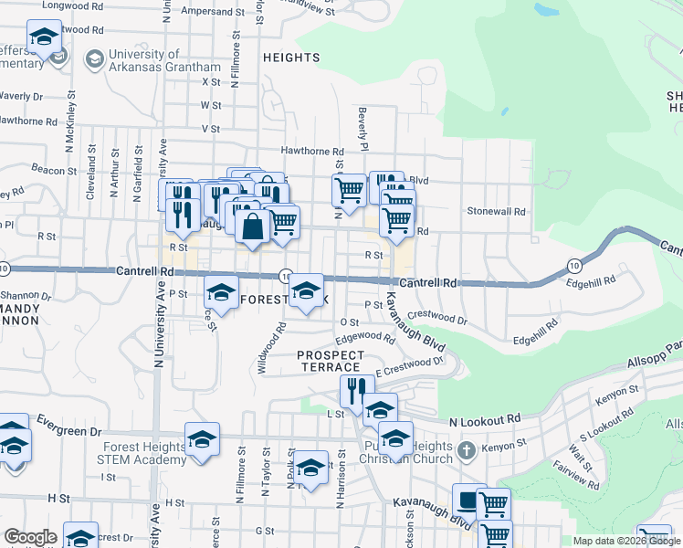 map of restaurants, bars, coffee shops, grocery stores, and more near 1810 North Harrison Street in Little Rock
