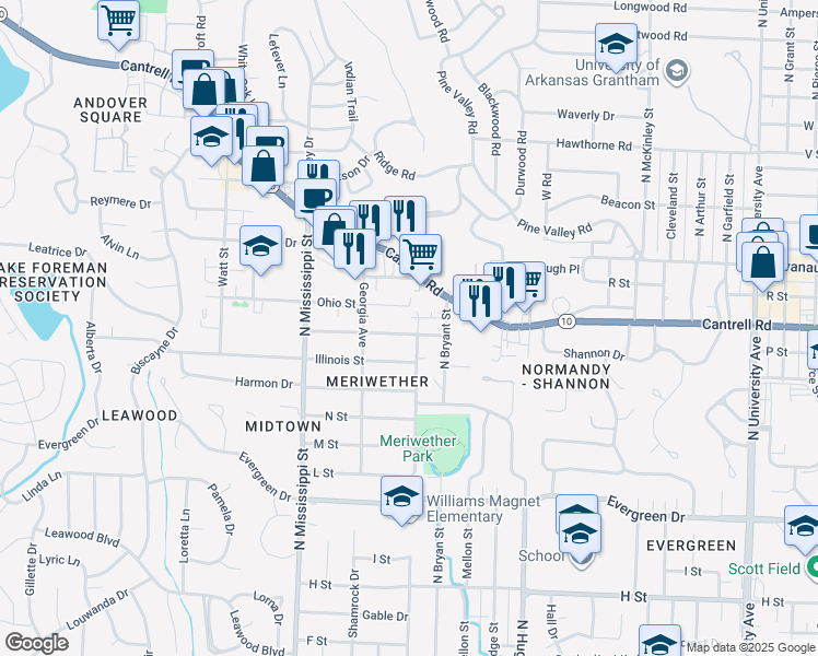 map of restaurants, bars, coffee shops, grocery stores, and more near 1906 North Bryant Street in Little Rock