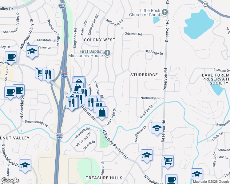 map of restaurants, bars, coffee shops, grocery stores, and more near 1701 Old Forge Drive in Little Rock