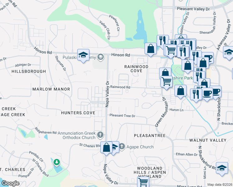 map of restaurants, bars, coffee shops, grocery stores, and more near 5 Carrollton Court in Little Rock