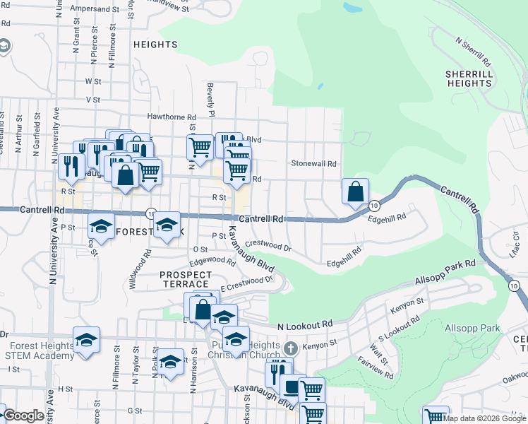 map of restaurants, bars, coffee shops, grocery stores, and more near 1812 North Monroe Street in Little Rock
