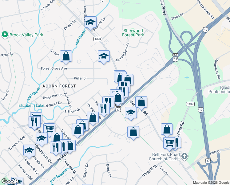 map of restaurants, bars, coffee shops, grocery stores, and more near 715 Gum Branch Road in Jacksonville