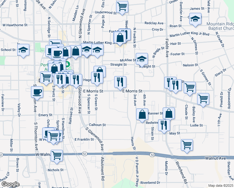 map of restaurants, bars, coffee shops, grocery stores, and more near 606 E Morris St in Dalton
