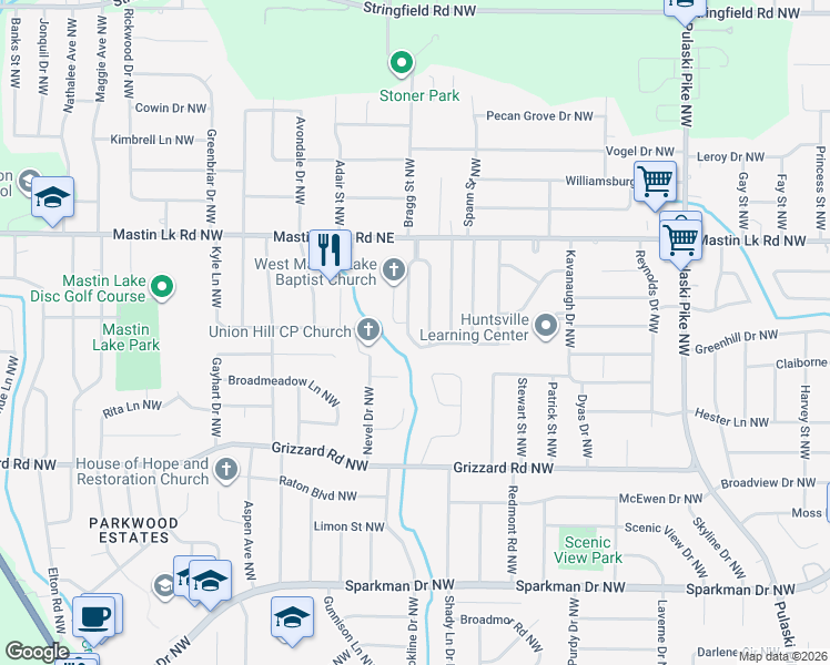 map of restaurants, bars, coffee shops, grocery stores, and more near 3003 Tucker Drive Northwest in Huntsville