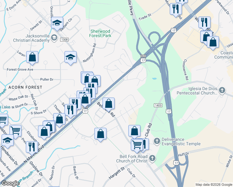 map of restaurants, bars, coffee shops, grocery stores, and more near 132A Miracle Drive in Jacksonville