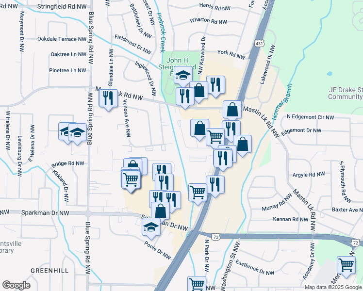 map of restaurants, bars, coffee shops, grocery stores, and more near 2214 Jonathan Drive Northwest in Huntsville