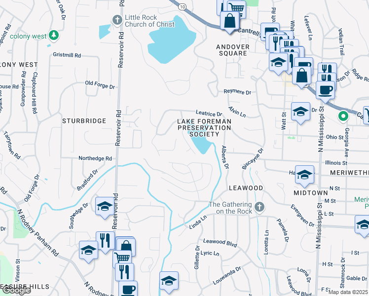 map of restaurants, bars, coffee shops, grocery stores, and more near 4 Foreman Court in Little Rock