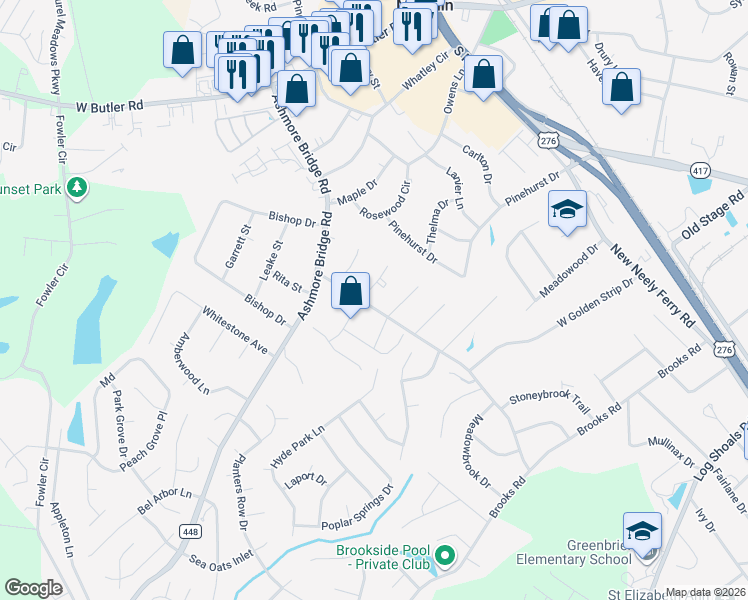 map of restaurants, bars, coffee shops, grocery stores, and more near 2 Woodbend Court in Mauldin