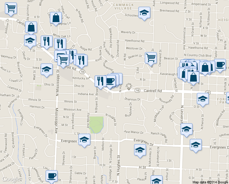 map of restaurants, bars, coffee shops, grocery stores, and more near 6820 Cantrell Rd in Little Rock