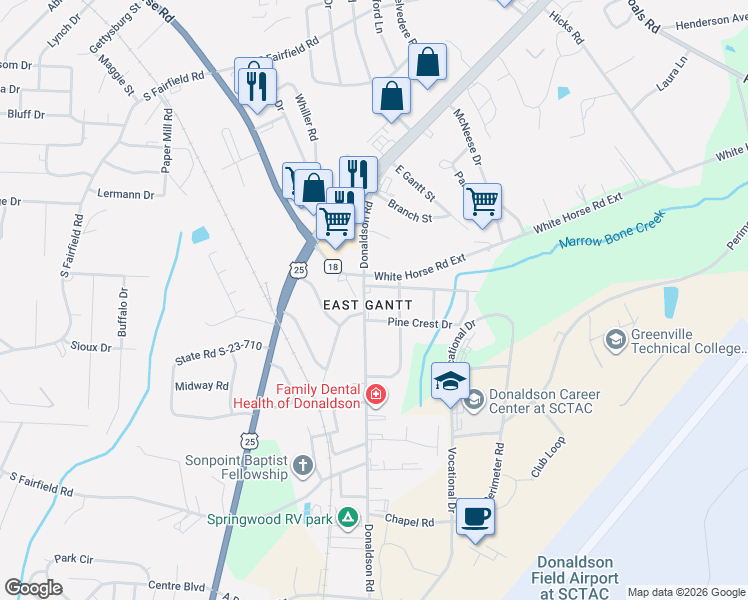 map of restaurants, bars, coffee shops, grocery stores, and more near 211 Donaldson Road in Greenville