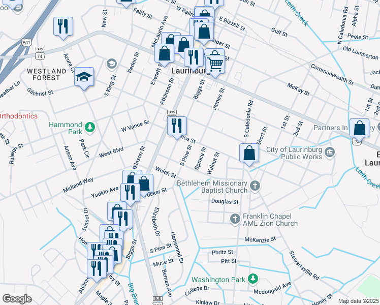 map of restaurants, bars, coffee shops, grocery stores, and more near 714 South Pine Street in Laurinburg