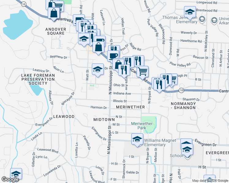 map of restaurants, bars, coffee shops, grocery stores, and more near 1701 North Mississippi Street in Little Rock