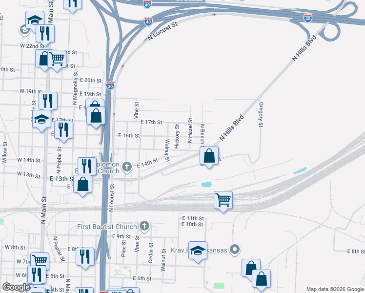 map of restaurants, bars, coffee shops, grocery stores, and more near 1201 Curtis Sykes Drive in Little Rock