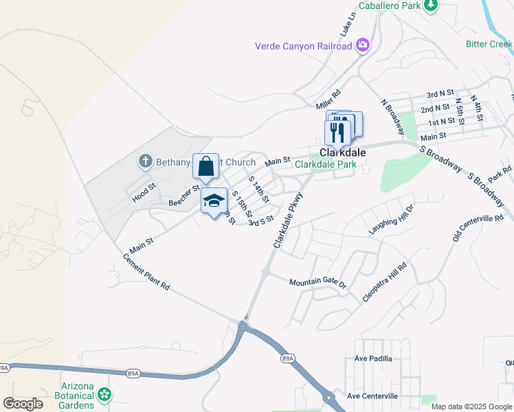 map of restaurants, bars, coffee shops, grocery stores, and more near 1412 2nd South Street in Clarkdale