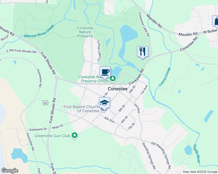 map of restaurants, bars, coffee shops, grocery stores, and more near 6 Main Street in Greenville