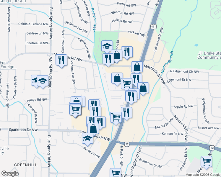 map of restaurants, bars, coffee shops, grocery stores, and more near 2214 Jonathan Drive Northwest in Huntsville