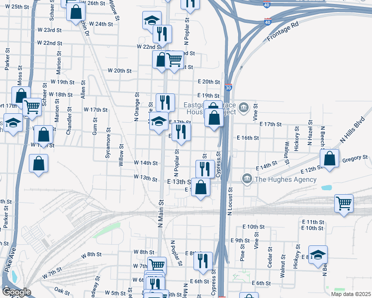 map of restaurants, bars, coffee shops, grocery stores, and more near 215 Curtis Sykes Drive in North Little Rock