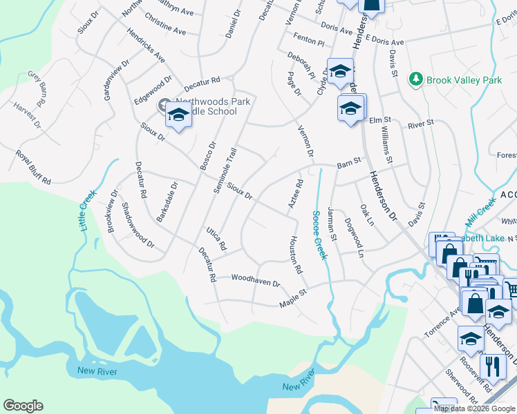 map of restaurants, bars, coffee shops, grocery stores, and more near 517 Sioux Drive in Jacksonville