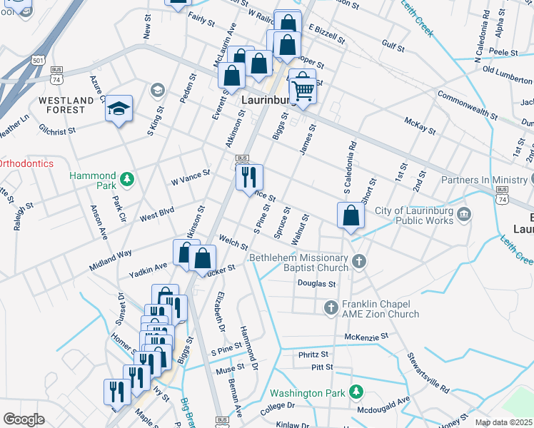 map of restaurants, bars, coffee shops, grocery stores, and more near 714 South Pine Street in Laurinburg