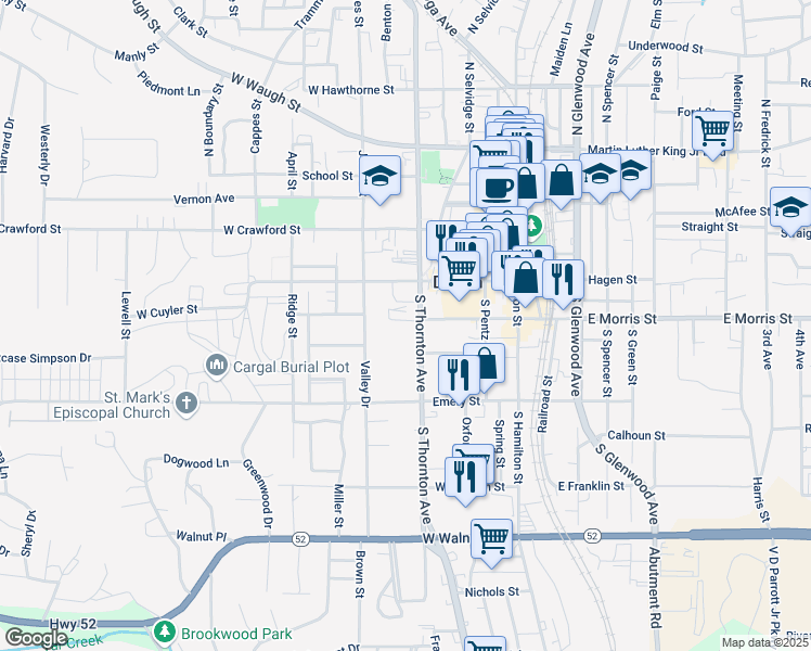 map of restaurants, bars, coffee shops, grocery stores, and more near 400 South Thornton Avenue in Dalton