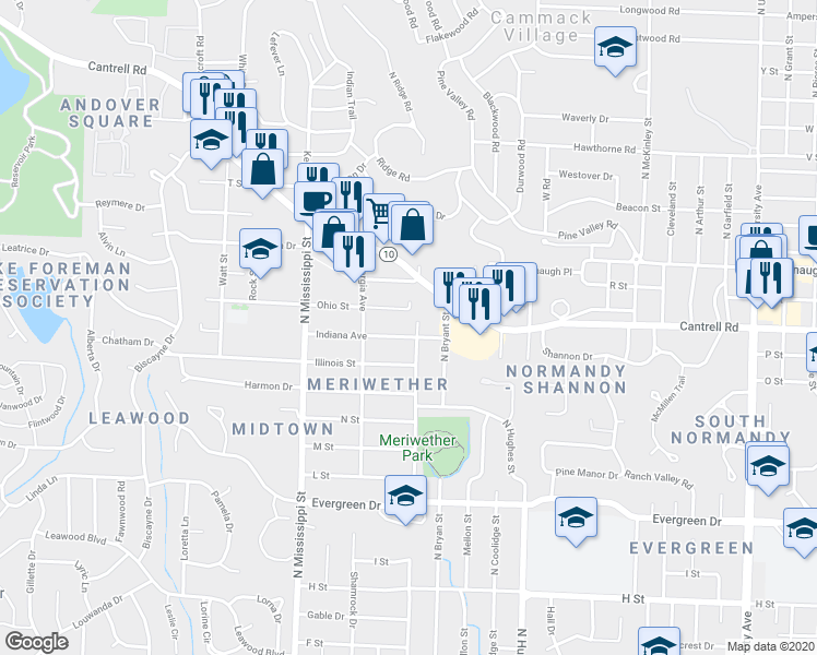 map of restaurants, bars, coffee shops, grocery stores, and more near 1906 North Bryant Street in Little Rock