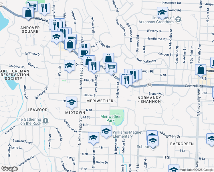 map of restaurants, bars, coffee shops, grocery stores, and more near 7302 Indiana Avenue in Little Rock