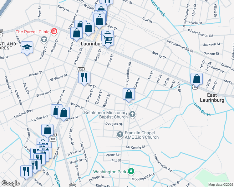 map of restaurants, bars, coffee shops, grocery stores, and more near 338 East Vance Street in Laurinburg