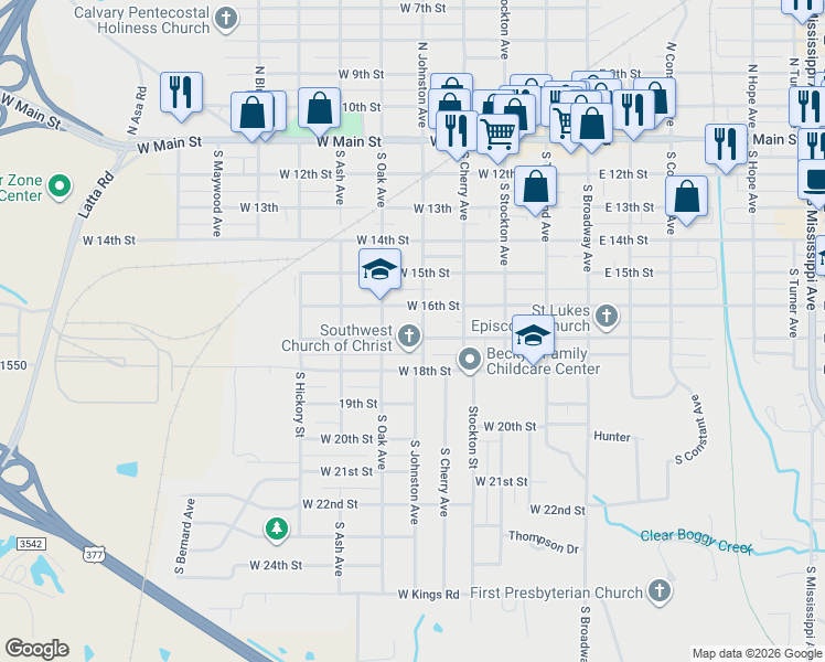 map of restaurants, bars, coffee shops, grocery stores, and more near 504 West 17th Street in Ada