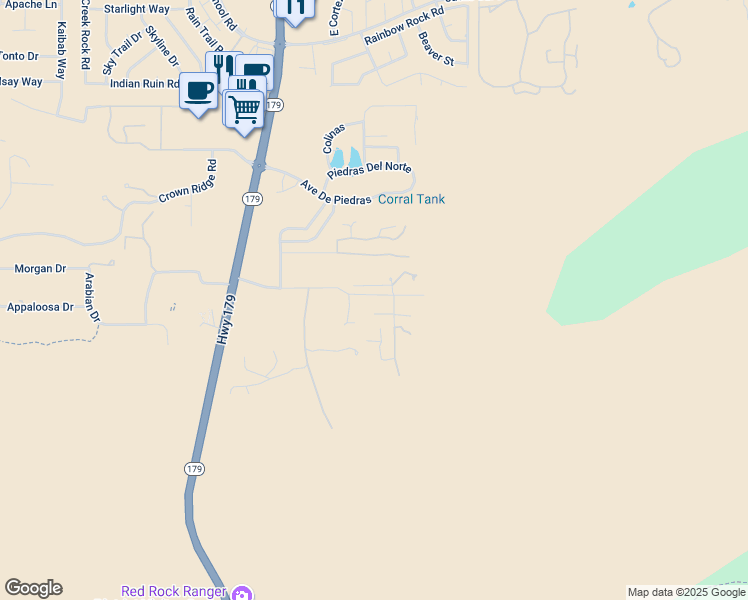 map of restaurants, bars, coffee shops, grocery stores, and more near 30 Wild Horse Mesa Drive in Sedona
