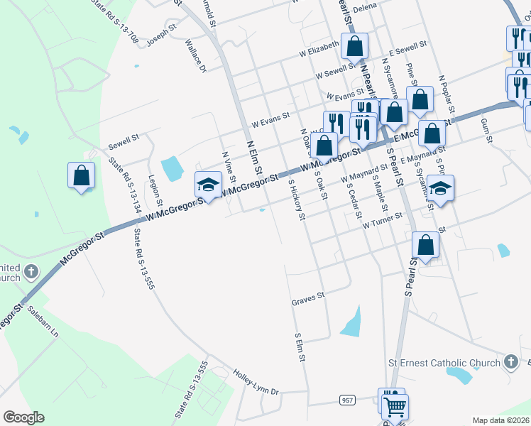 map of restaurants, bars, coffee shops, grocery stores, and more near 203 South Elm Street in Pageland