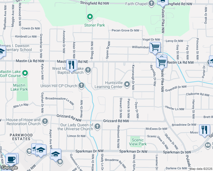 map of restaurants, bars, coffee shops, grocery stores, and more near 3403 Mimosa Lane Northwest in Huntsville