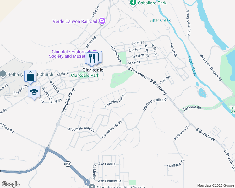 map of restaurants, bars, coffee shops, grocery stores, and more near 462 Tin Horn Lane in Clarkdale