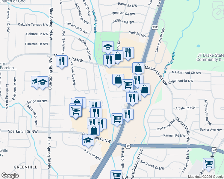 map of restaurants, bars, coffee shops, grocery stores, and more near 2212 Jonathan Drive Northwest in Huntsville