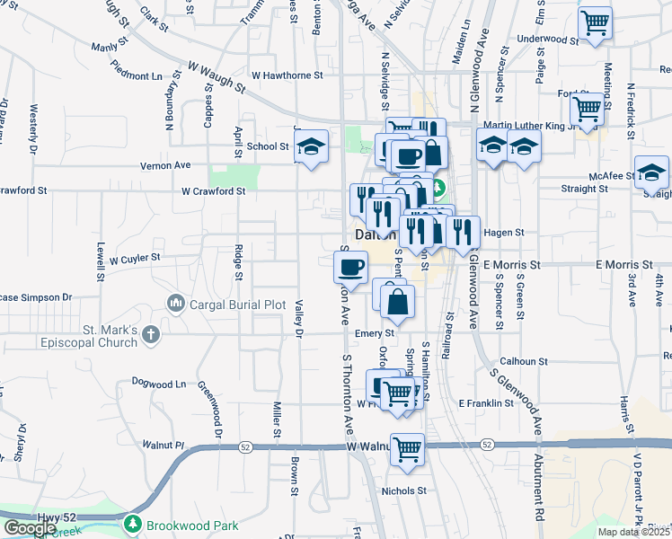 map of restaurants, bars, coffee shops, grocery stores, and more near 400 South Thornton Avenue in Dalton