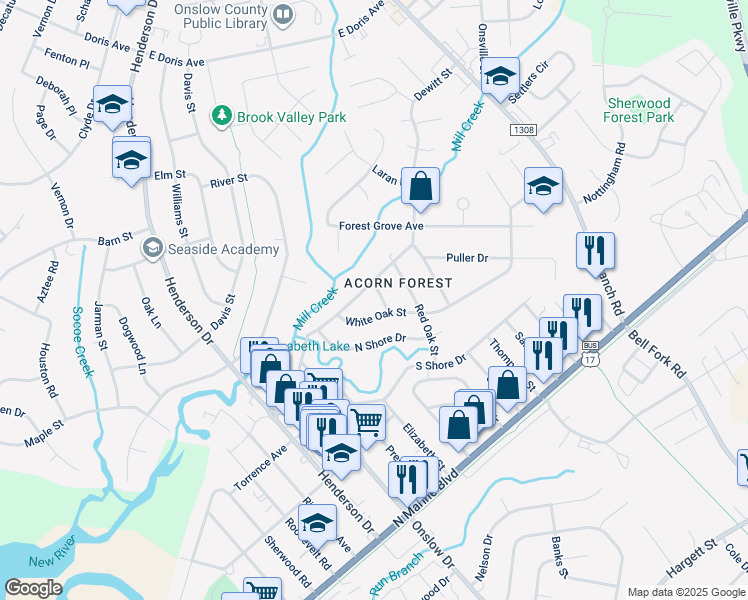 map of restaurants, bars, coffee shops, grocery stores, and more near 104 Dogwood Dr in Jacksonville