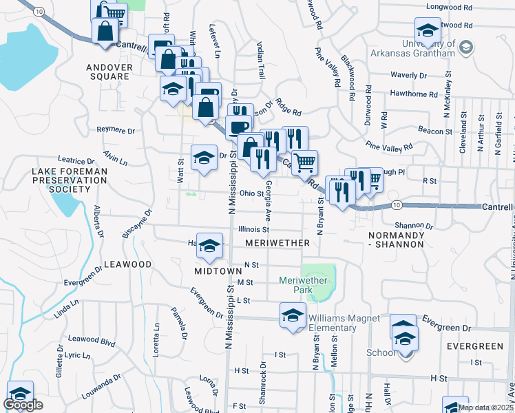 map of restaurants, bars, coffee shops, grocery stores, and more near 7414 Indiana Avenue in Little Rock