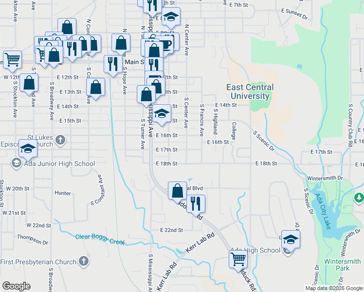 map of restaurants, bars, coffee shops, grocery stores, and more near 818 East 17th Street in Ada
