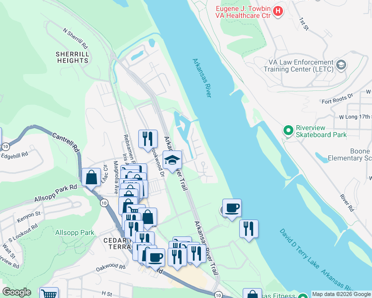 map of restaurants, bars, coffee shops, grocery stores, and more near 1815 River Heights Drive in Little Rock