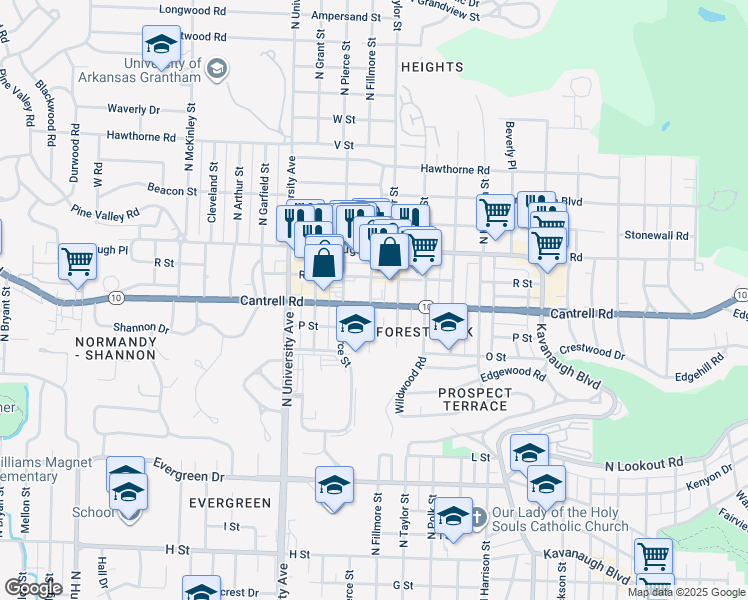 map of restaurants, bars, coffee shops, grocery stores, and more near 1801 North Fillmore Street in Little Rock