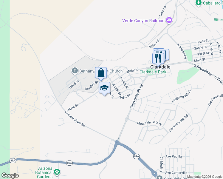 map of restaurants, bars, coffee shops, grocery stores, and more near 1510 1st S St in Clarkdale