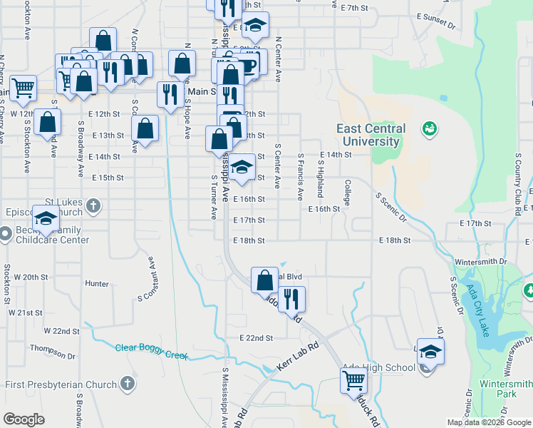 map of restaurants, bars, coffee shops, grocery stores, and more near 818 East 17th Street in Ada