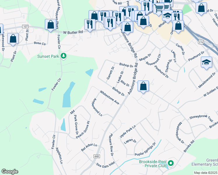 map of restaurants, bars, coffee shops, grocery stores, and more near 452 Bishop Drive in Mauldin