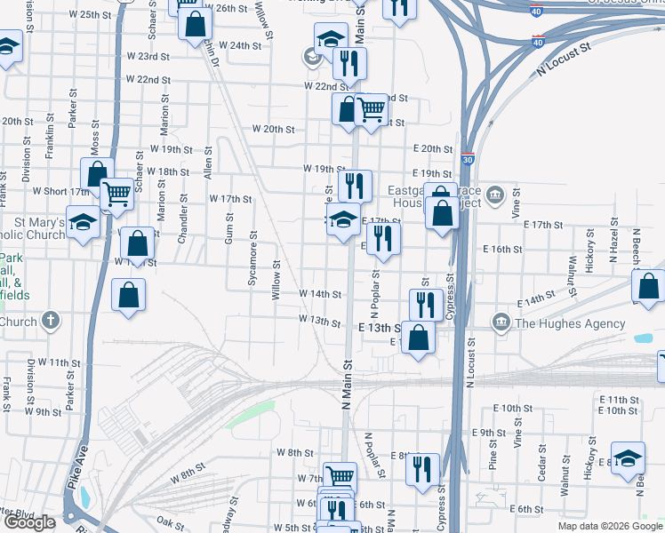 map of restaurants, bars, coffee shops, grocery stores, and more near 1500 Maple Street in North Little Rock